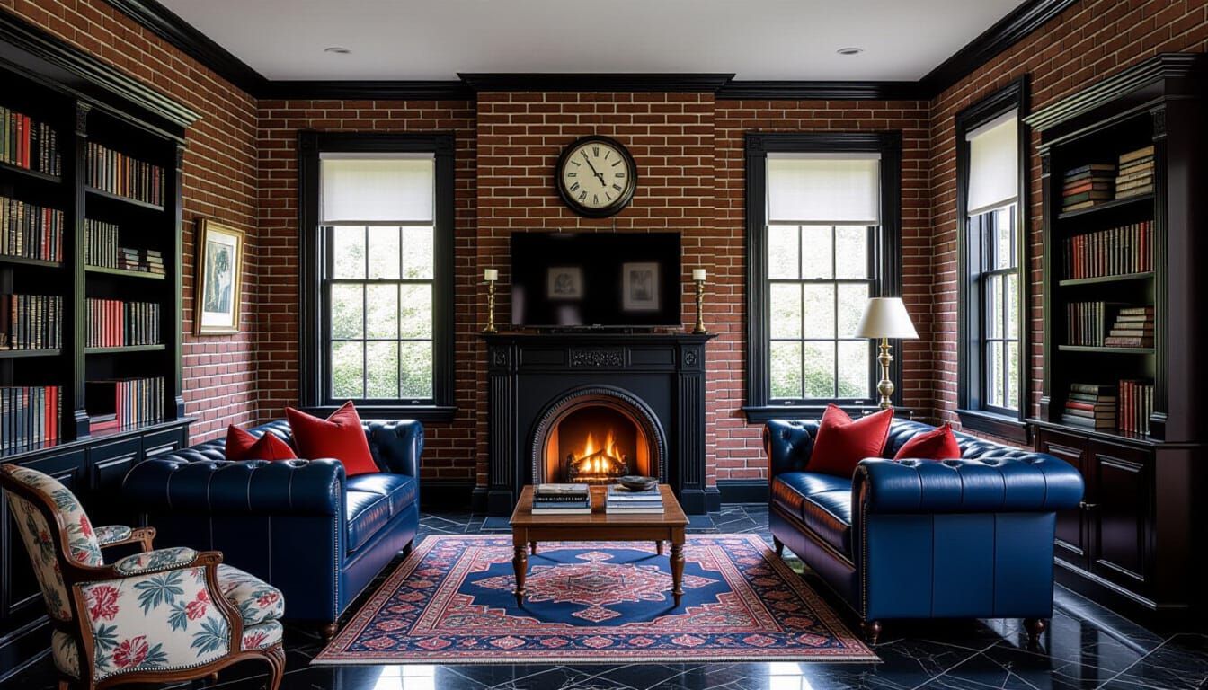 Victorian Living Room Design with Dark Blue and Brick Accent...