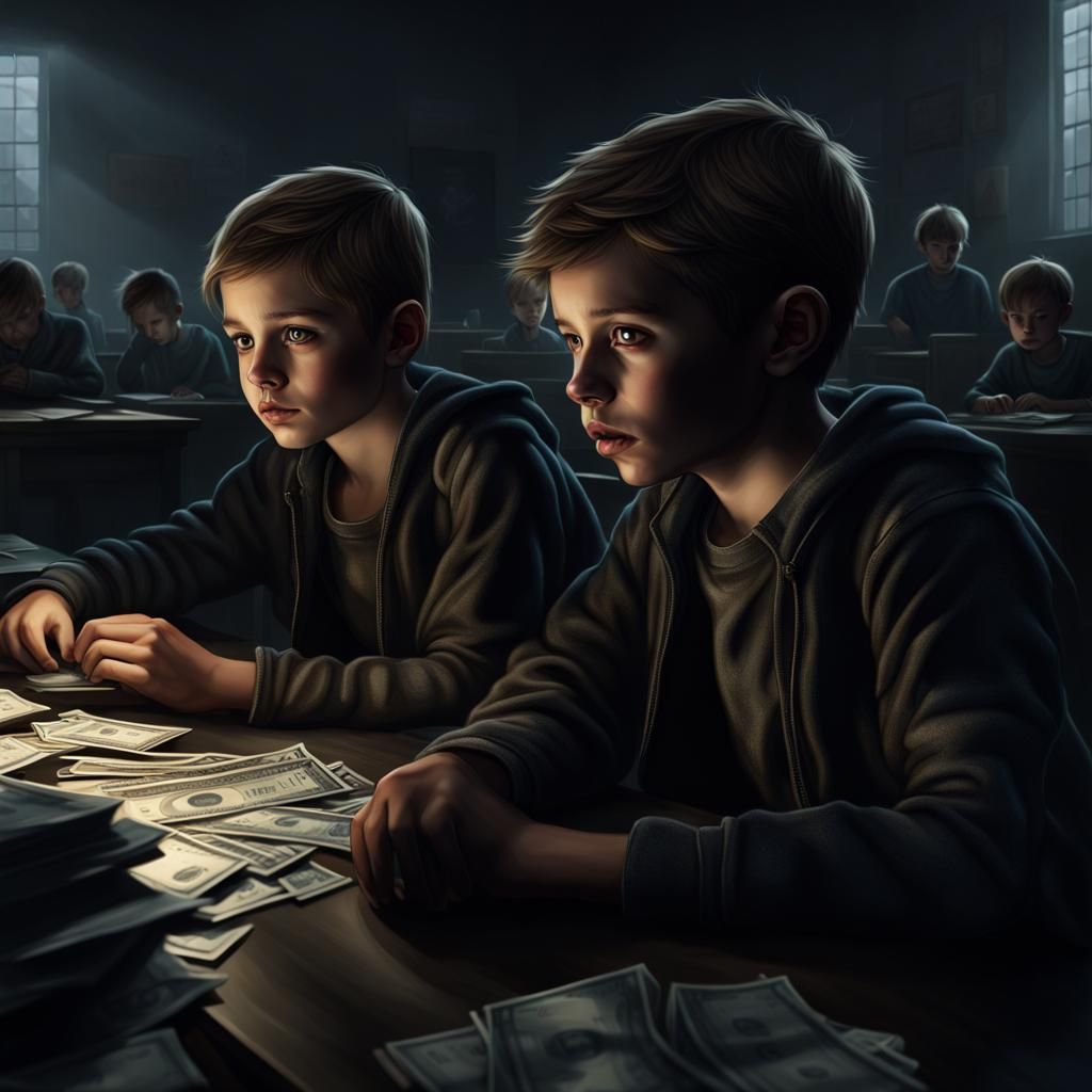 Children Working in Dark Classroom, Fantasy Art
