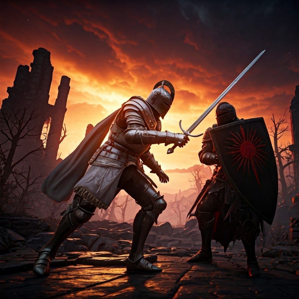 Epic White Knight Battles Dark Knight in Ruins