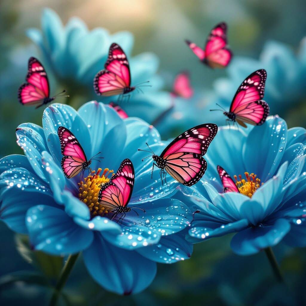 Vibrant Pink Butterflies Emerge From Turquoise Flowers