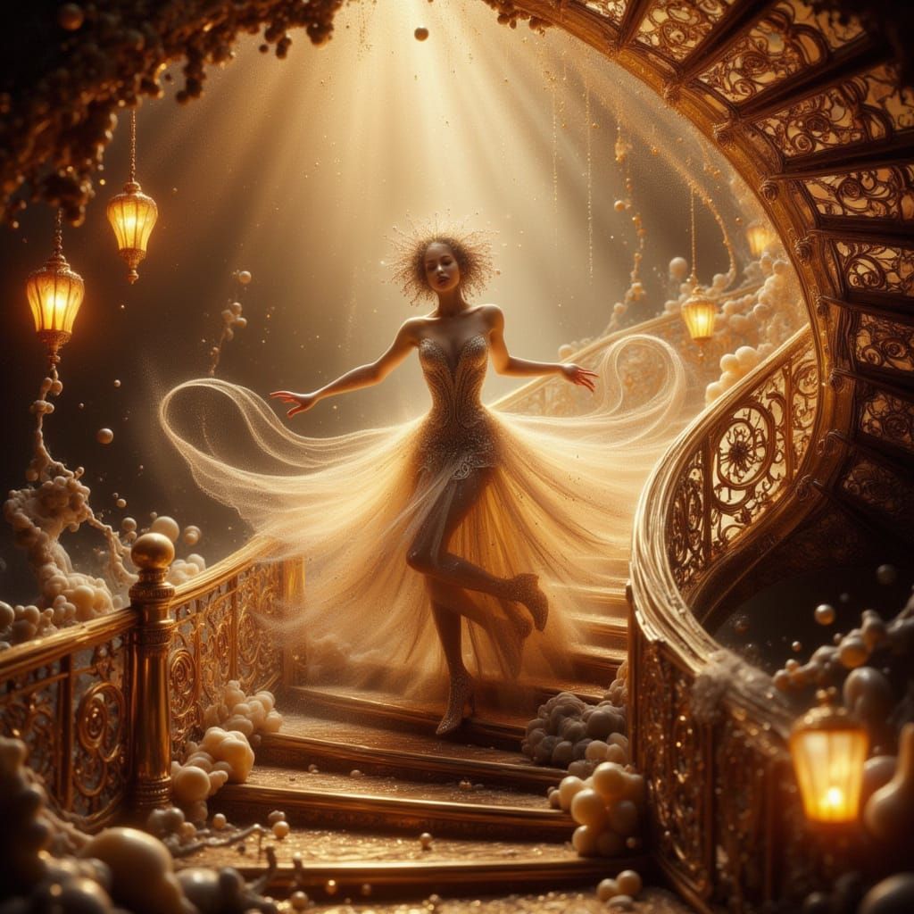 Fae in Ballroom Dress on Golden Staircase