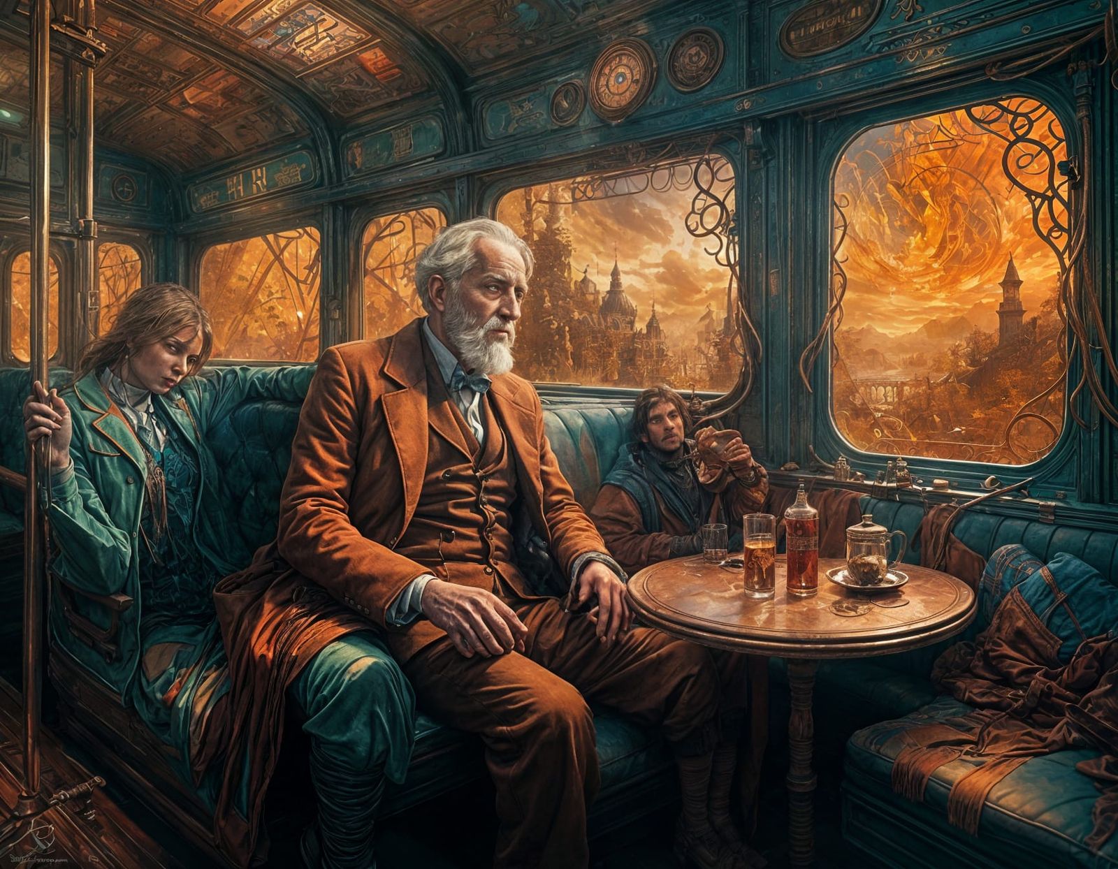 Old Man's Somersault in Tram, Hyperdetailed Splash Art