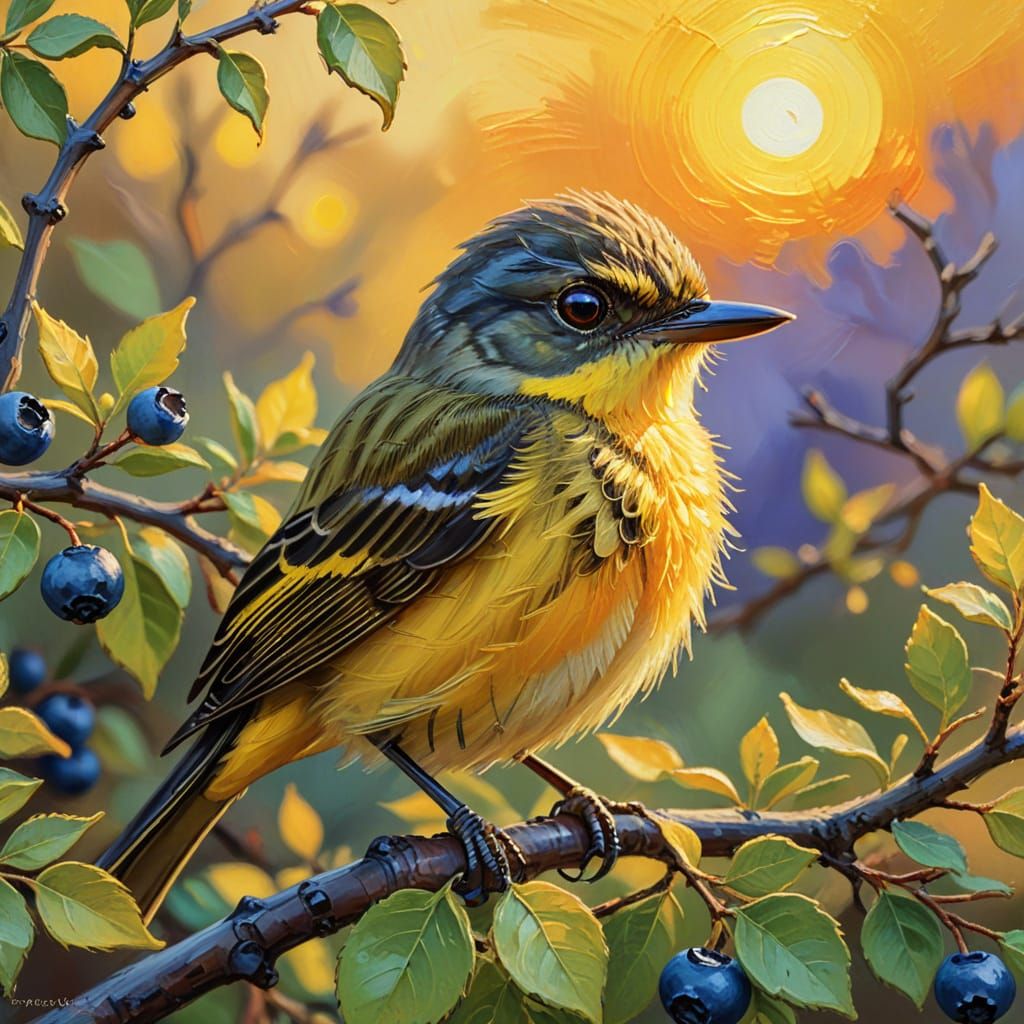Flycatcher on Blueberry Branch: Fauvist Oil Painting