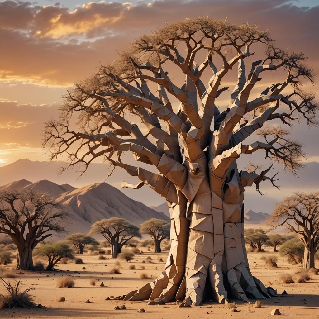 Baobab Tree in Namibia as Origami Paper Art