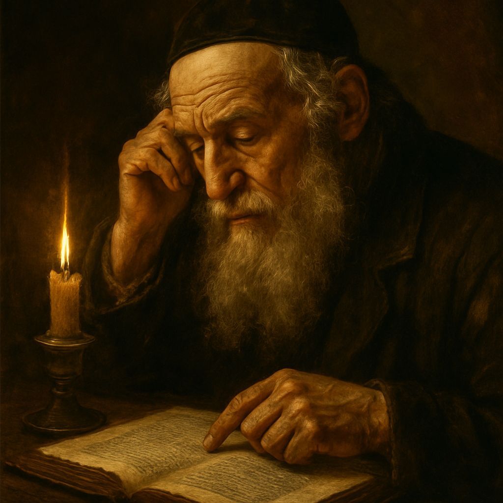 A close-up portrait of an elderly Jewish scholar, his face etched with wisdom and experience, studying a sacred text by ...