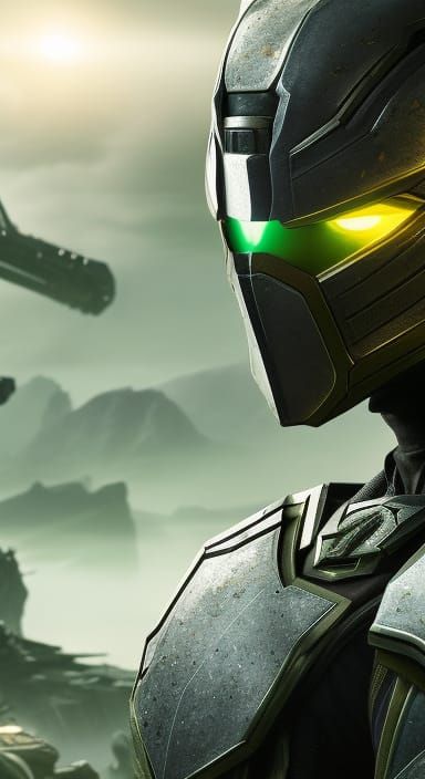 Emerald Ninja in Daisy Field: Hyperrealistic Sci-Fi Art