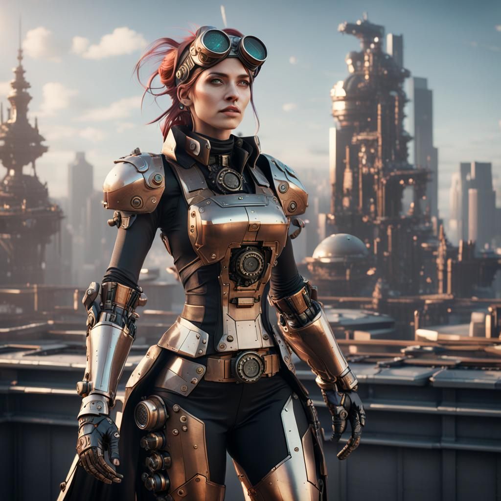 Steampunk Heroine on Rooftop in Futuristic Epic Scene