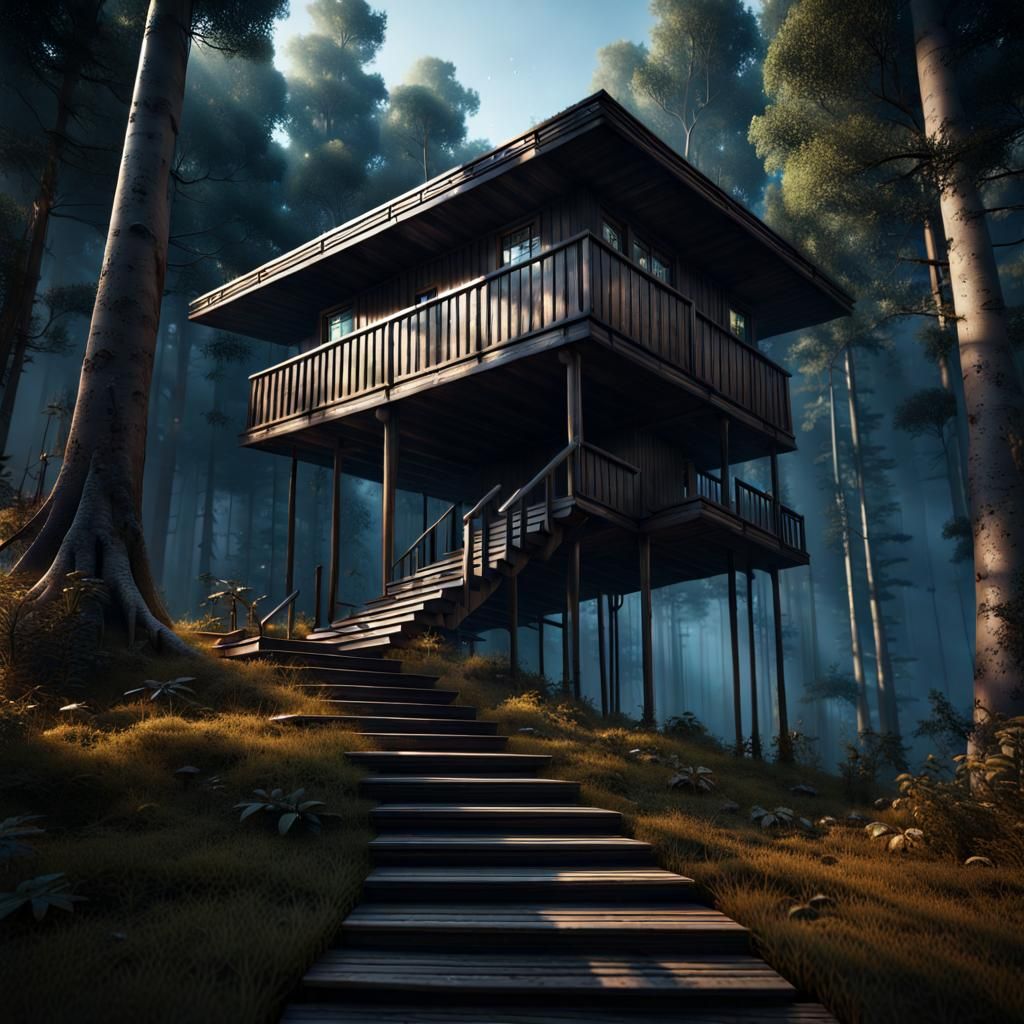 Modern Wooden House on Stilts in Forest Clearing