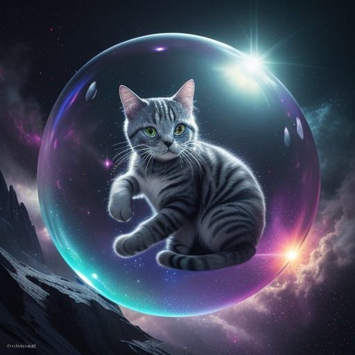 Cinematic digital matte painting. A cute silver tabby cat plays with bubbles inside an iridescent bubble through a dazzl...