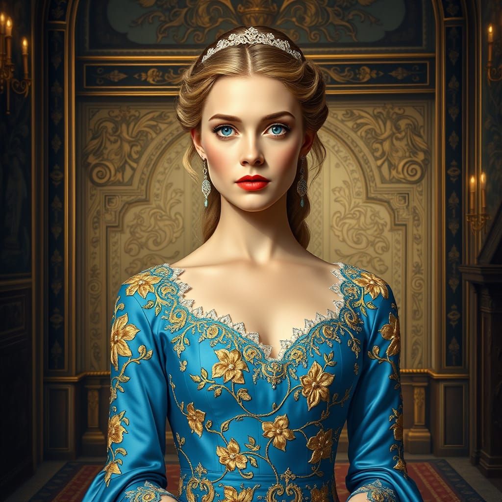 Regal Beauty in Azure Gown with Golden Embroidery