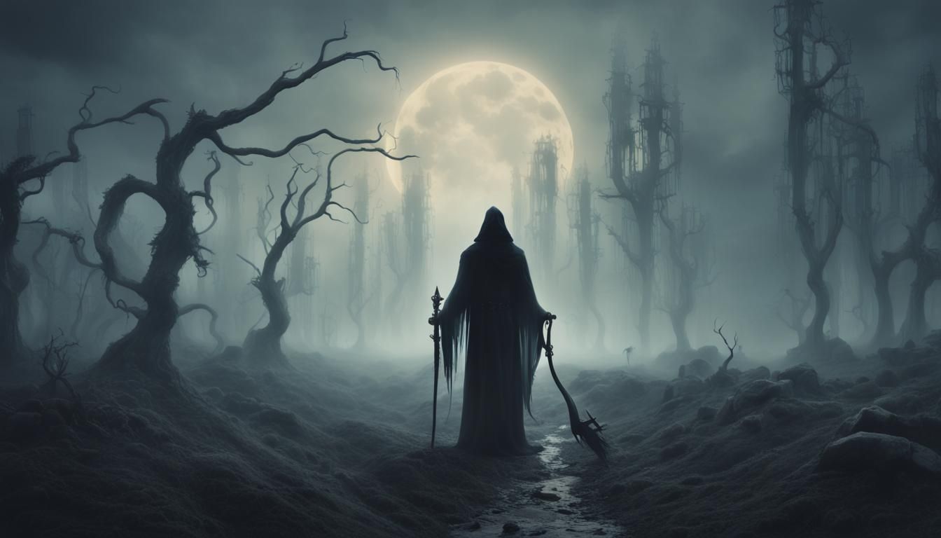 Grim Reaper Harvesting Souls in Misty Landscape