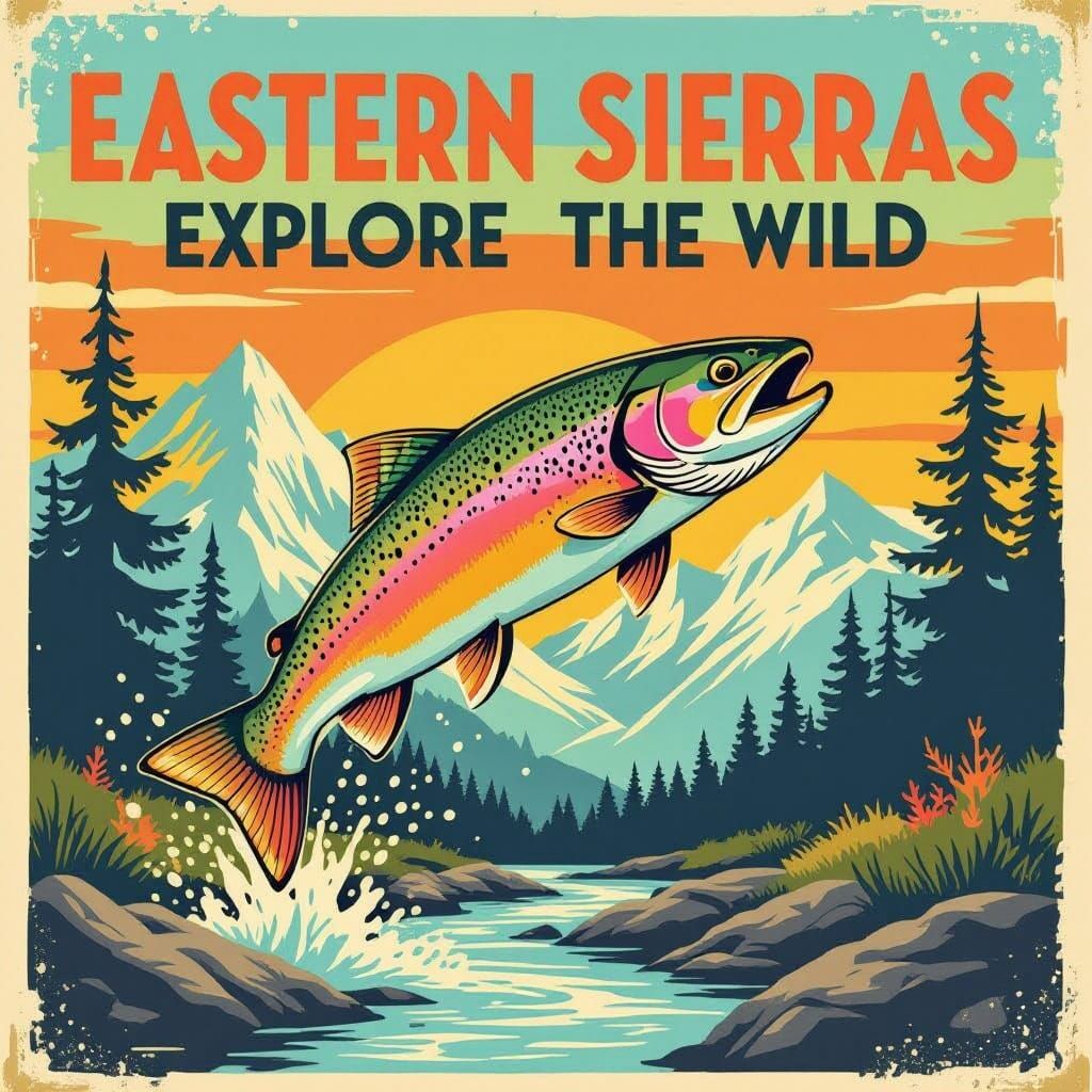Rainbow Trout Leaps Through Eastern Sierras: Vintage Art