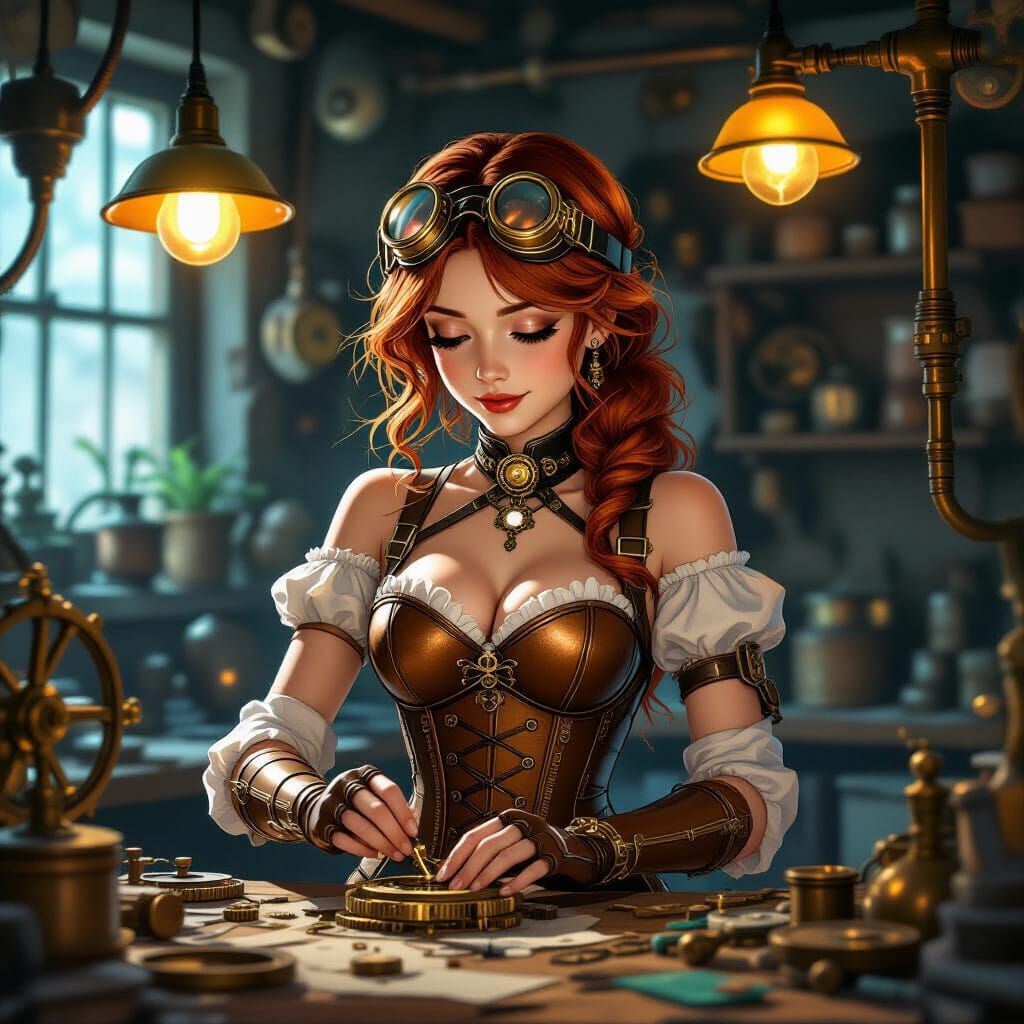 Steampunk Woman Tinkering in Workshop Inspired by Jules Vern...