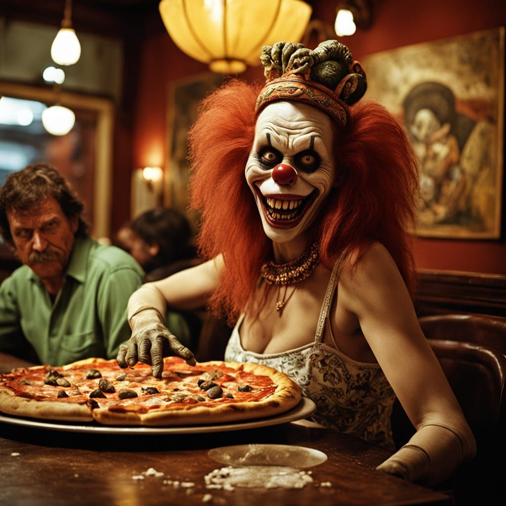 Hyperrealistic Zombie Monkey Clown Topping Pizza