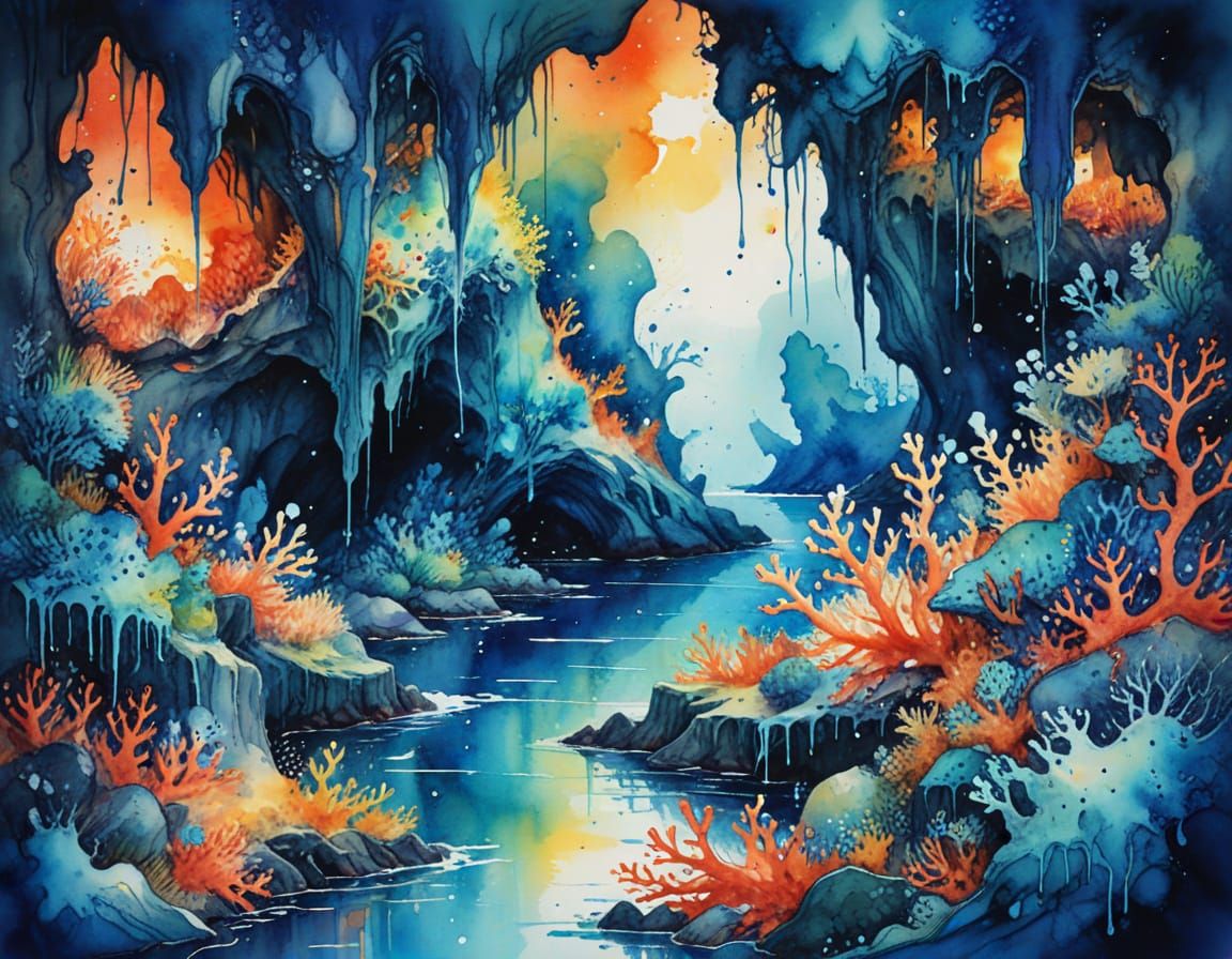 Vibrant Underwater Human Habitat in Watercolor