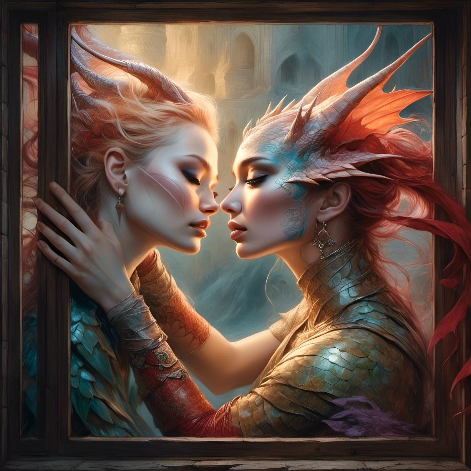 Dragon-Women Embrace: Fantasy Double Exposure Portrait
