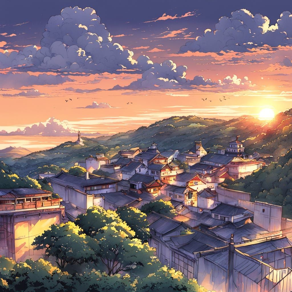 Surreal Anime-Inspired Sunset in Vibrant Digital Art