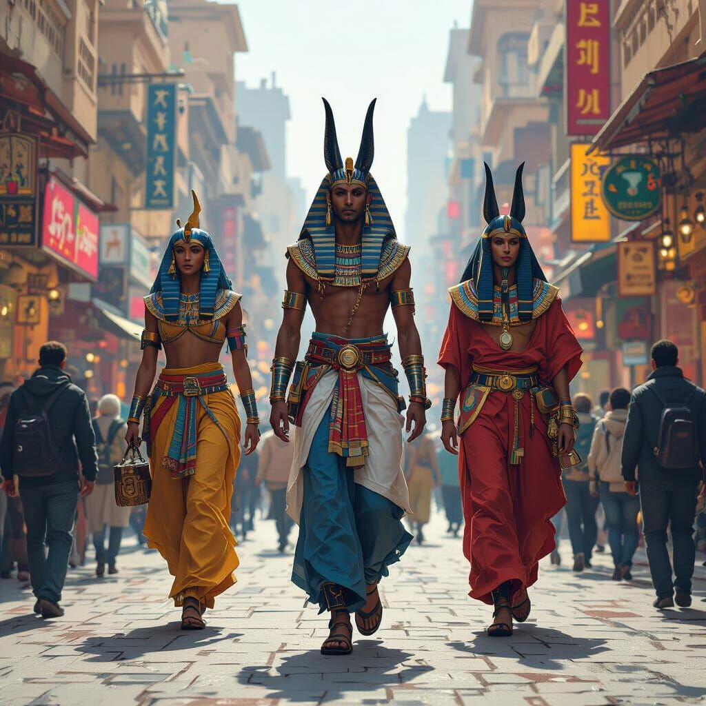 Egyptian Gods in Modern Cityscape