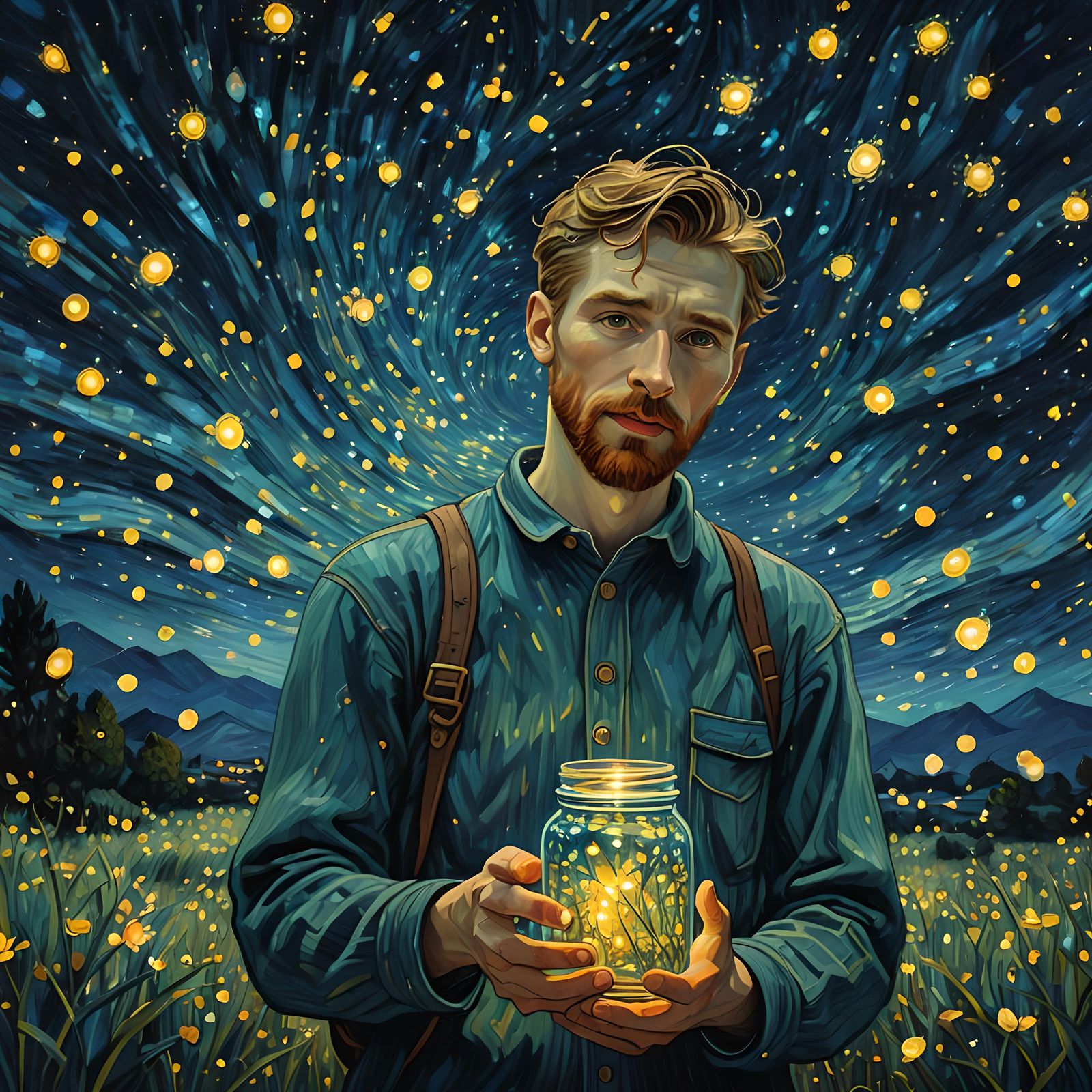 Fireflies and Starry Night in Van Gogh Style