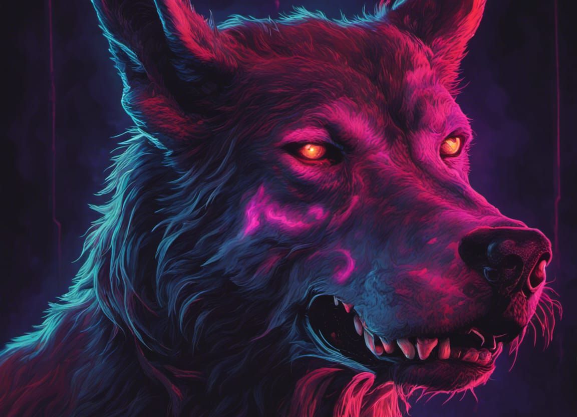 Ominous Neon Hellhound Under Black Light in 8K