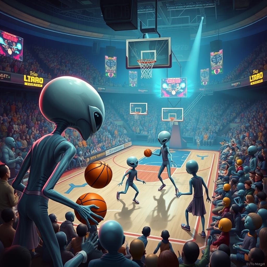 Aliens Play Basketball in Futuristic Arena