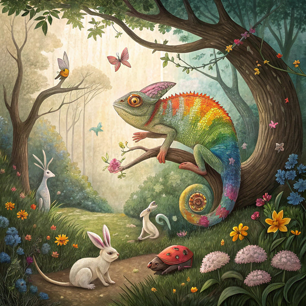 Rainbow Chameleon in Fairy Forest Scene