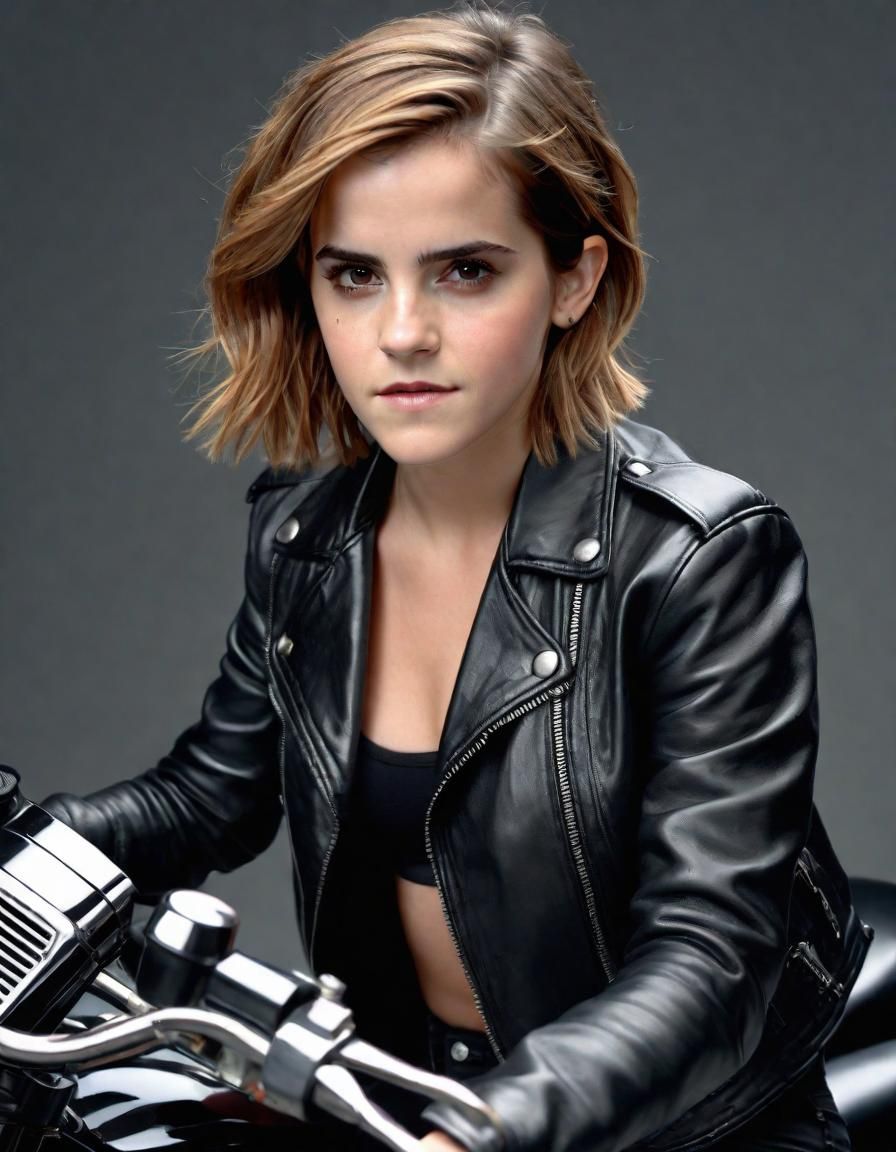 Emma Watson on Motorcycle in 80s Biker Outfit