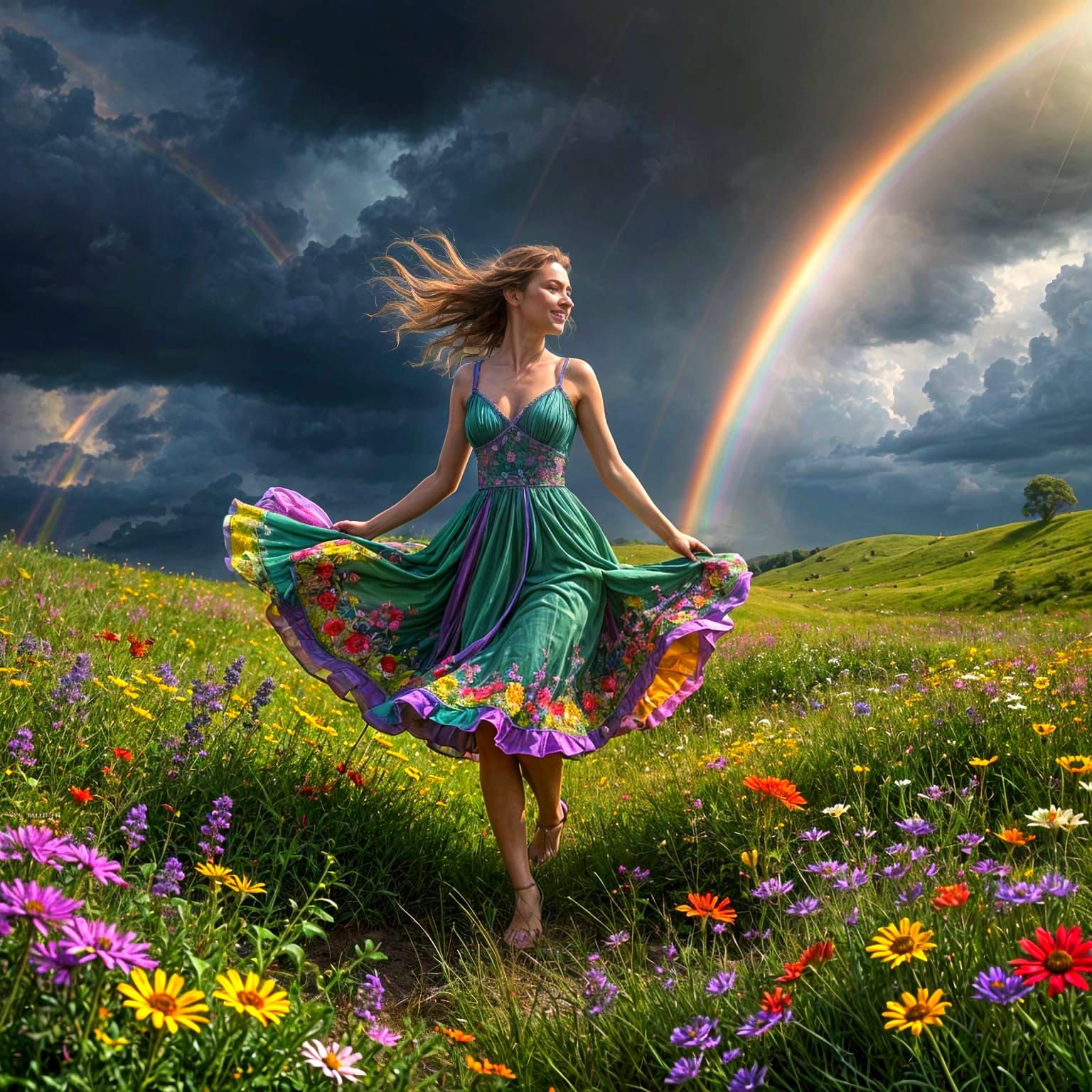 Ethereal Meadow Dance under a Brilliant Rainbow