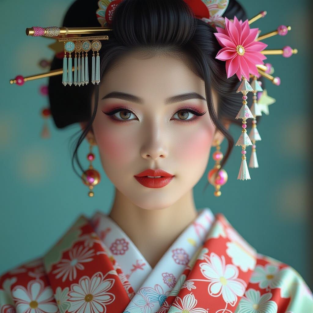 Futuristic Japanese Woman in Kimono with Neon Jewelry