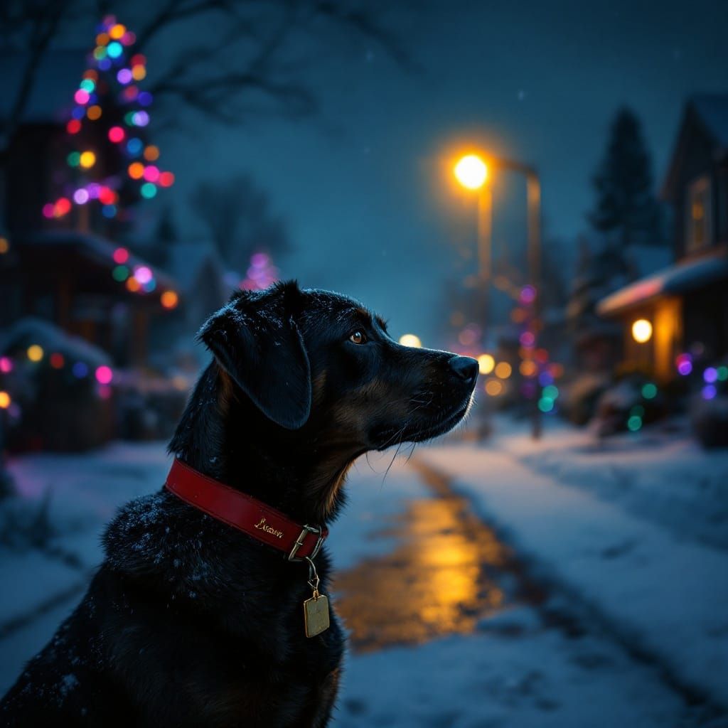 Lonely Dog in Snowy Christmas Street at Night