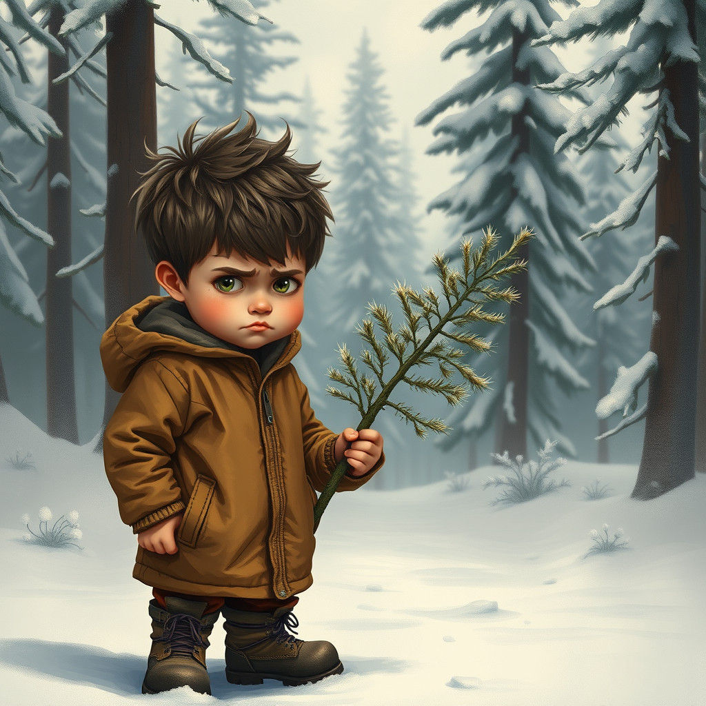 Boy with Christmas Tree: Oil Painting in Snowy Landscape