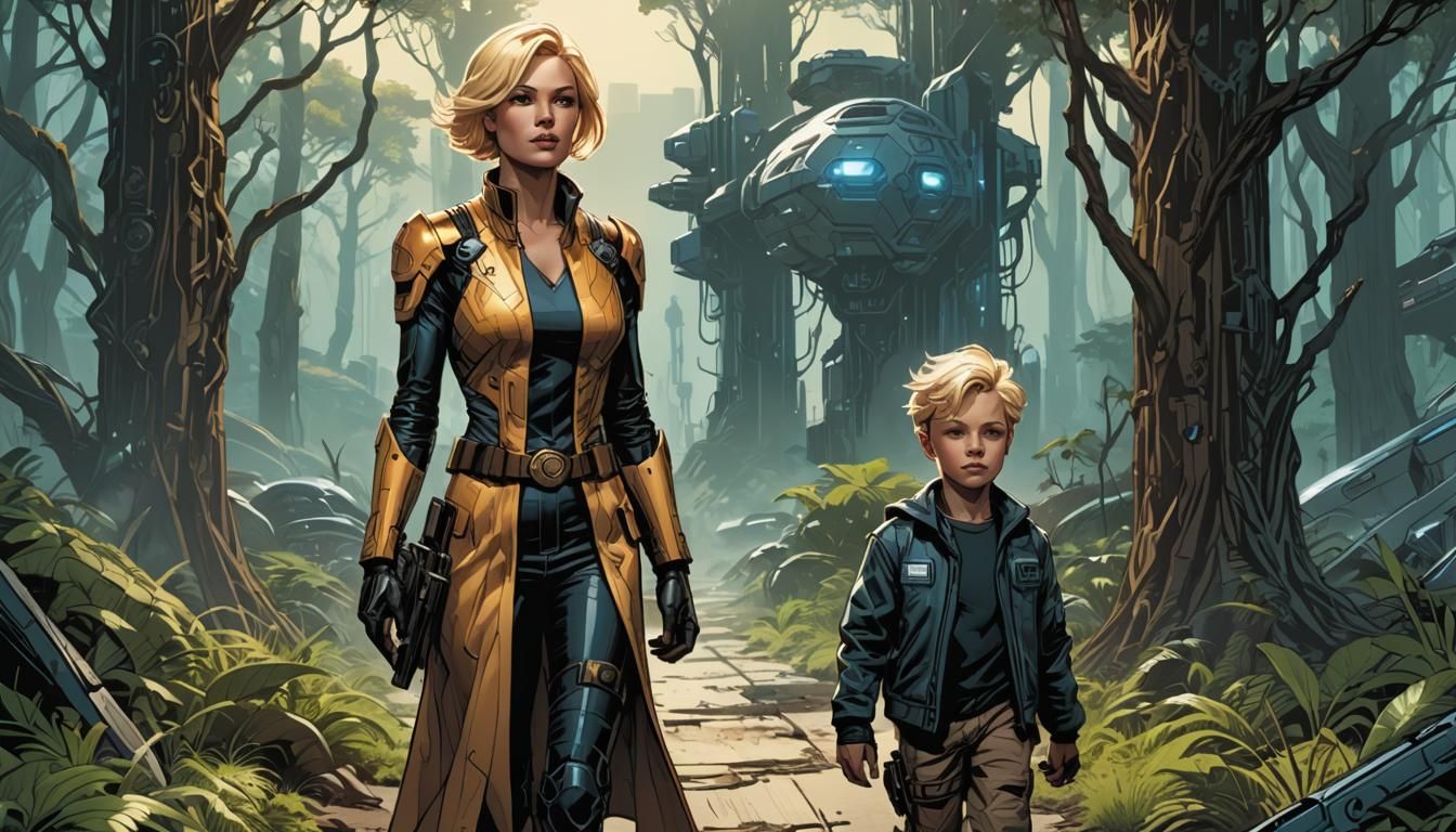 Futuristic Mother and Son: Comic Book Art