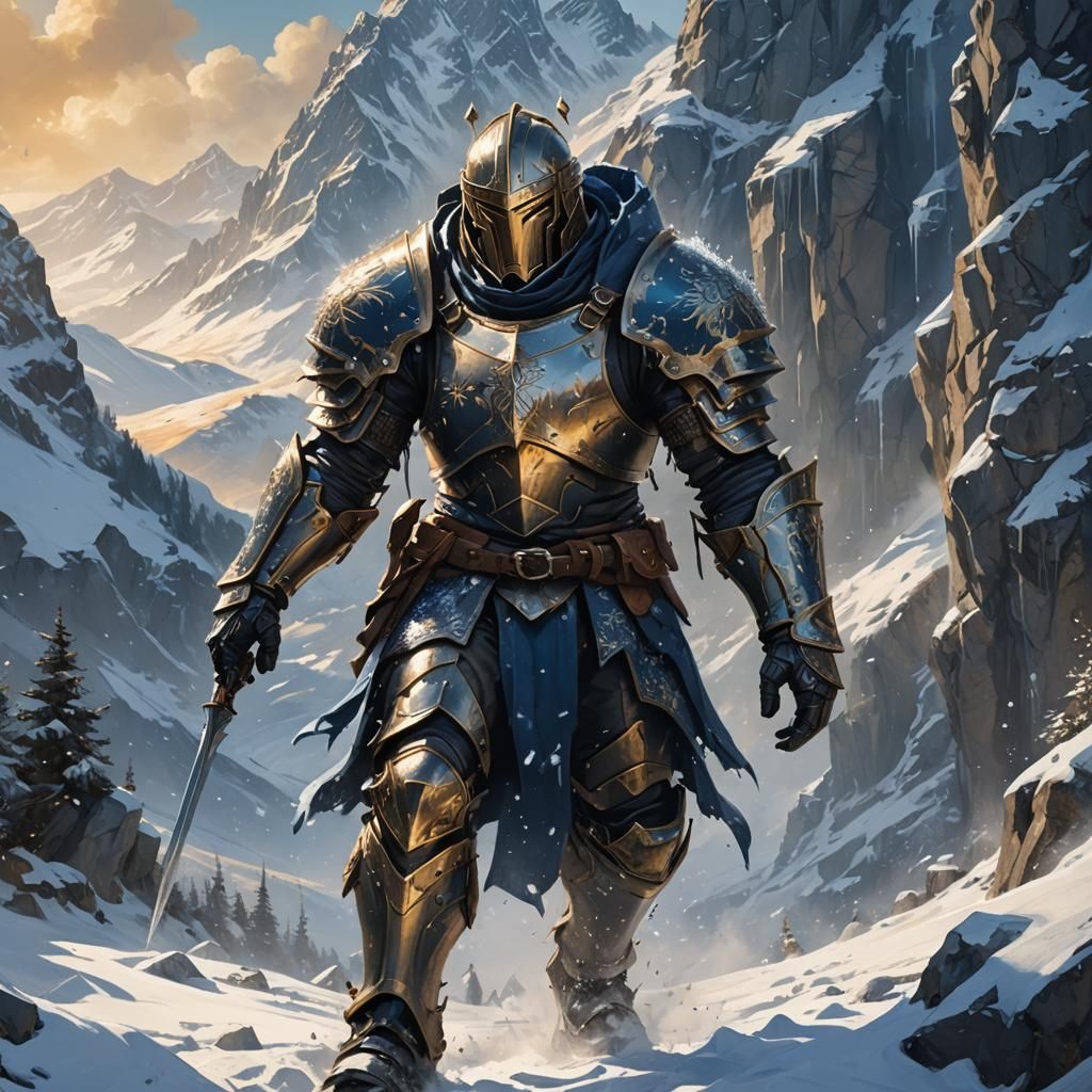 Armored Man Walks Snowy Mountains, Fantasy Art