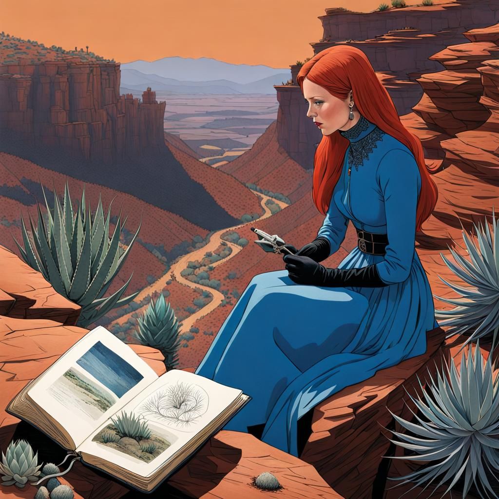 Red-headed Woman Sketching in Rocky Canyon, Watercolor