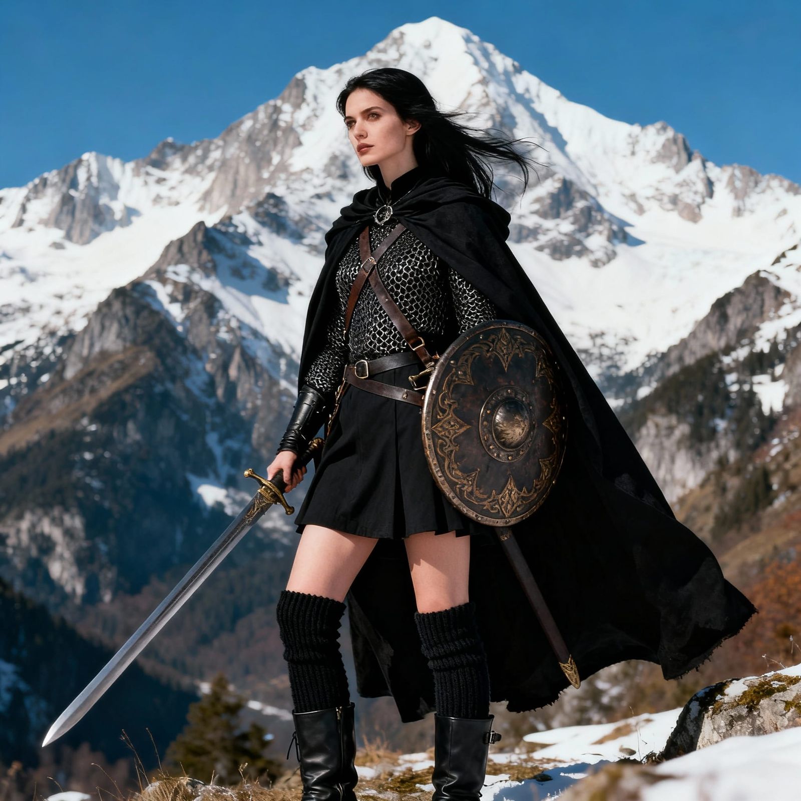 Warlock Woman in Black Cloak Before Snow Mountains