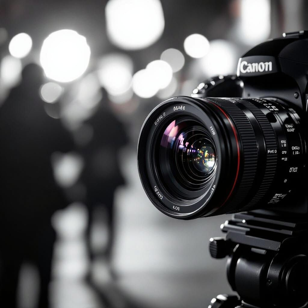 Professional Camera Lens Focus on Blurred Reporters in Drama...