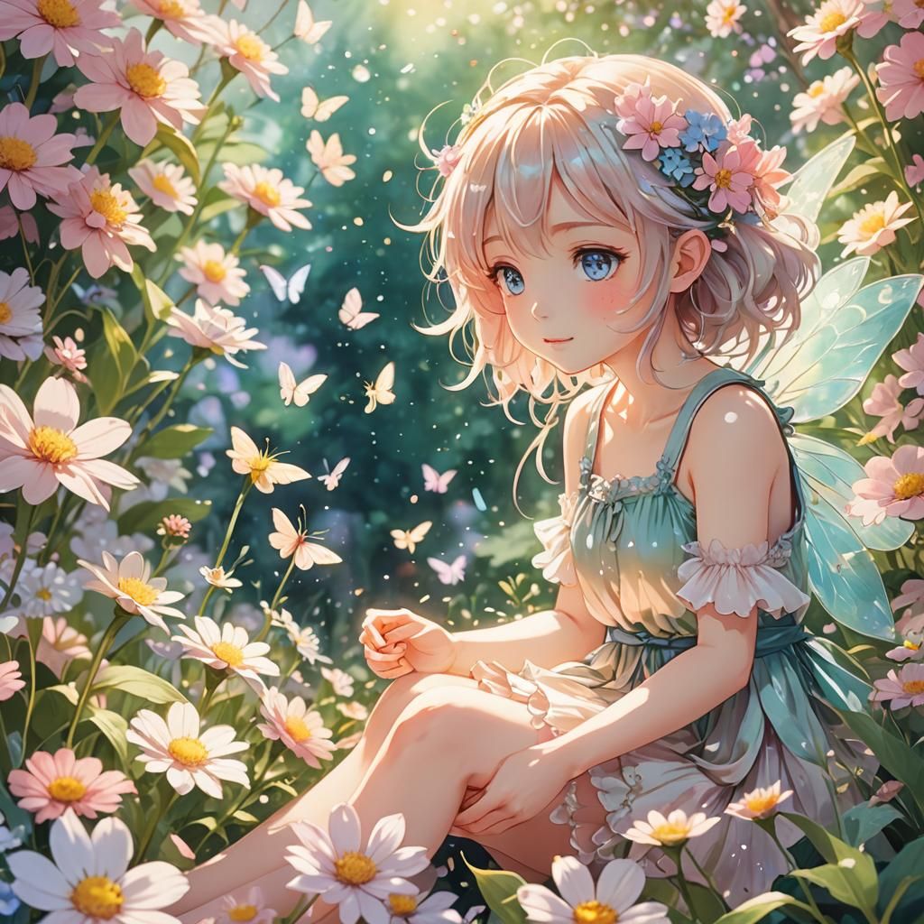 Whimsical Anime Fairy Playing Among Flowers