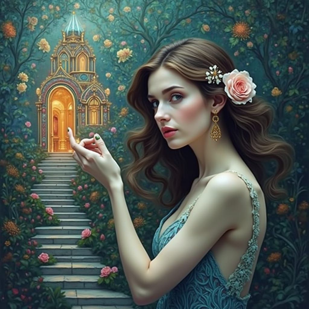 A Woman at the Threshold of a Vibrant Palace in Art Nouveau ...