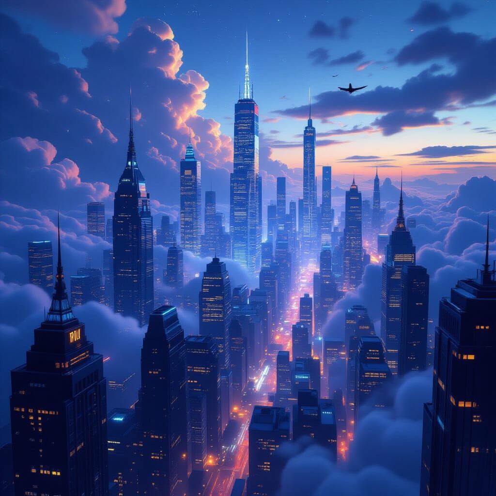 Hyperdetailed Metropolis at Twilight with Pulsing Lights