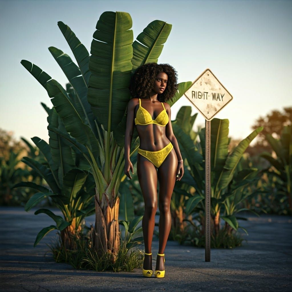 Elegant Woman in Lingerie Beside Banana Plant