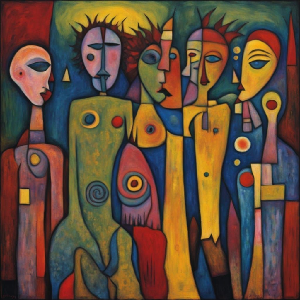 Surreal Gathering of Distorted Figures in Expressive Style