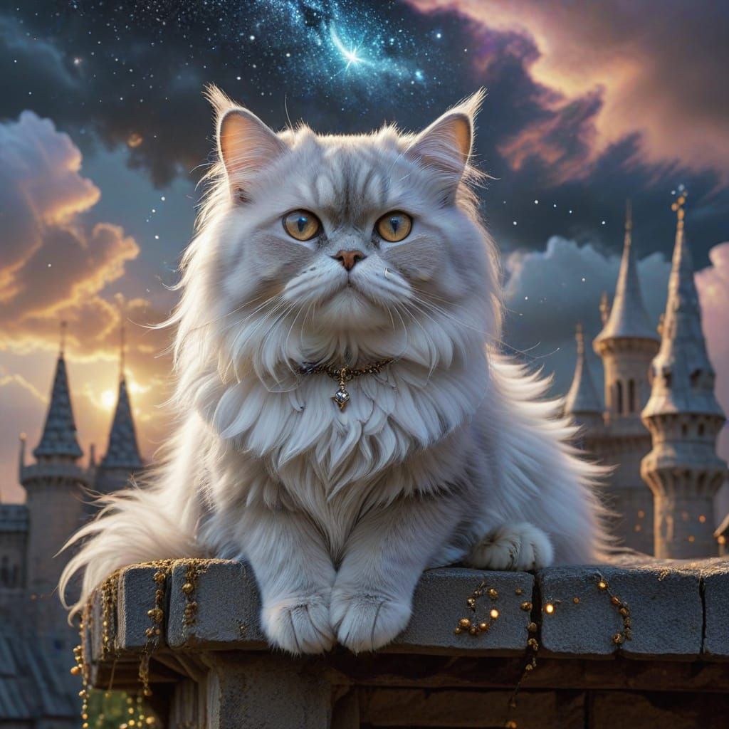 Silver-Eyed Persian Cat on Floating Castle