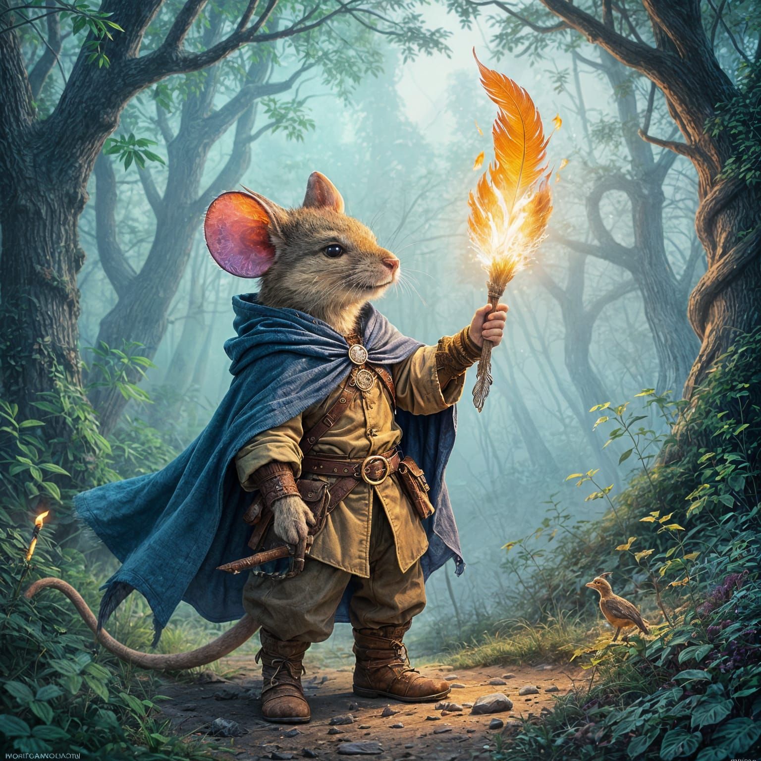 Mouse Finds Phoenix Feather in Misty Forest