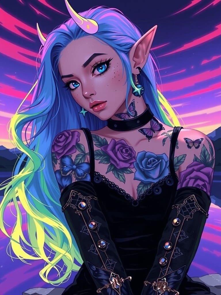 A striking portrait of a elven woman with long, flowing ombr...