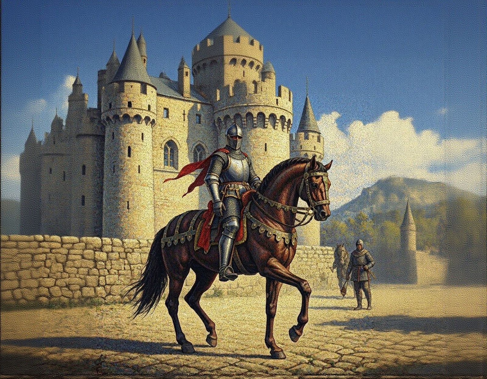 Pointillism Knight on Horseback Before Castle