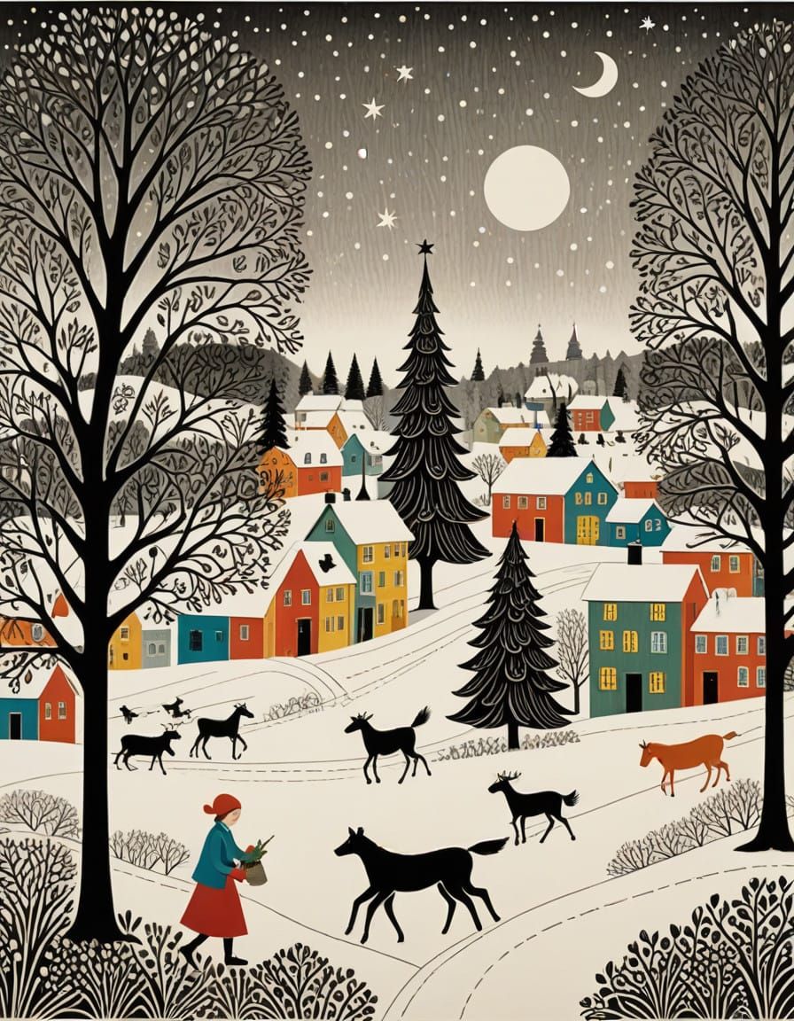 Urban Holiday Wood Engraving with Whimsical Patterns