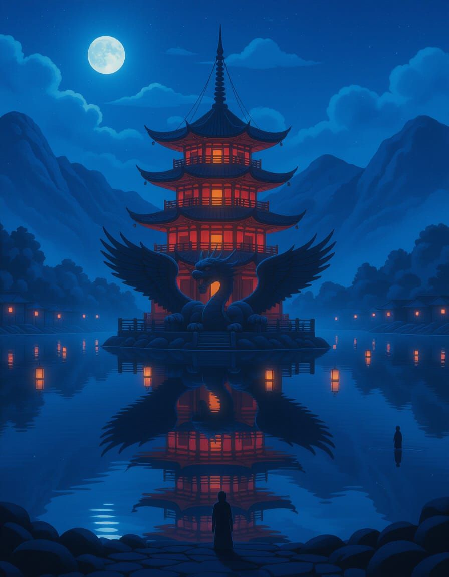 Glowing Pagoda Reflects Dragon Statue in Misty Lake Under In...