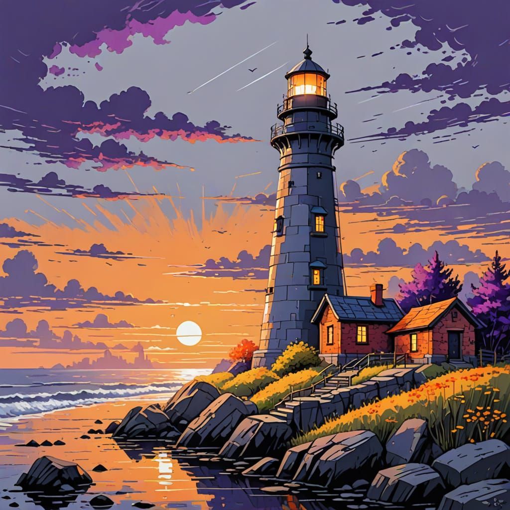 Vibrant Lighthouse Concept Art in Impressionist Style