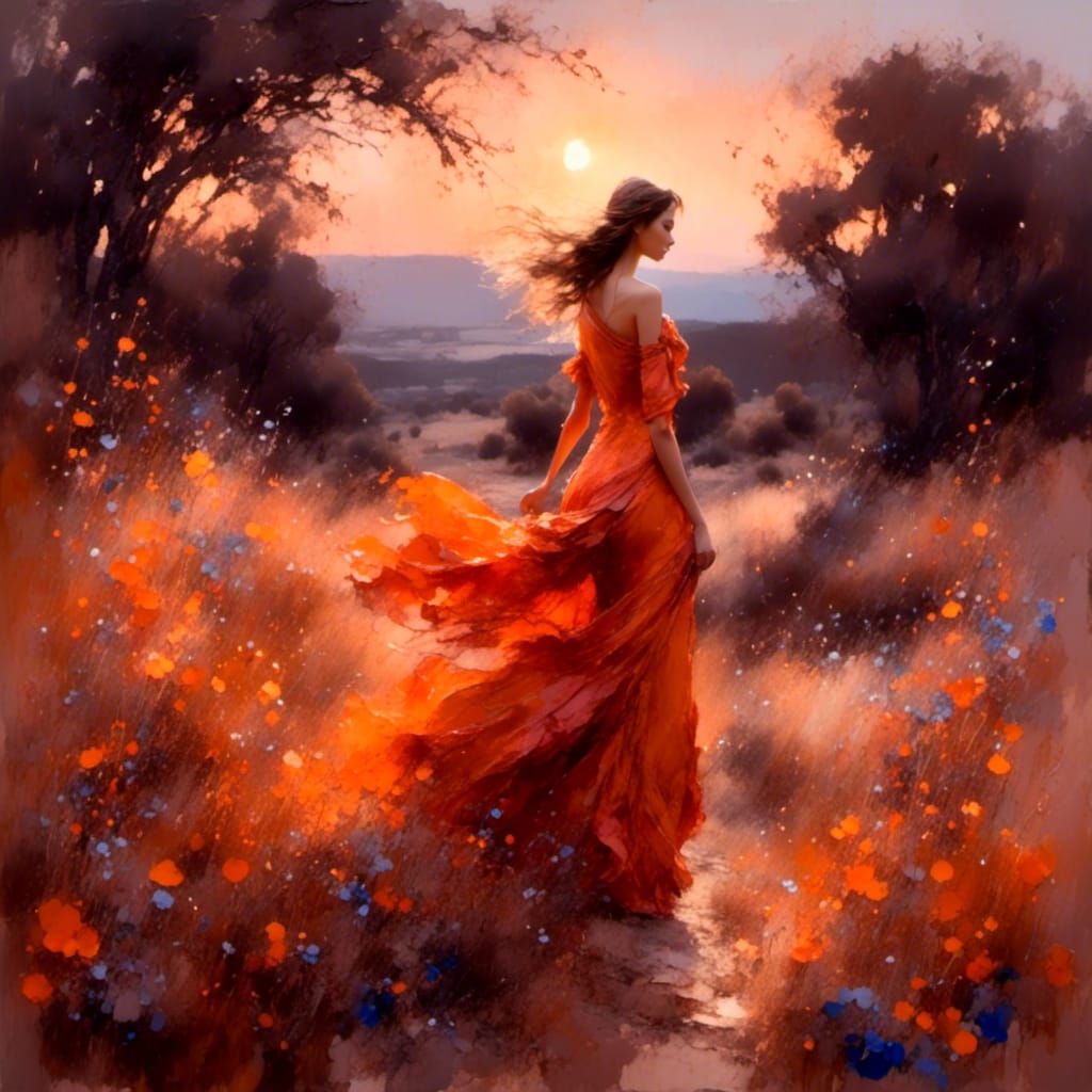 Woman in Orange Dress in Blooming Landscape