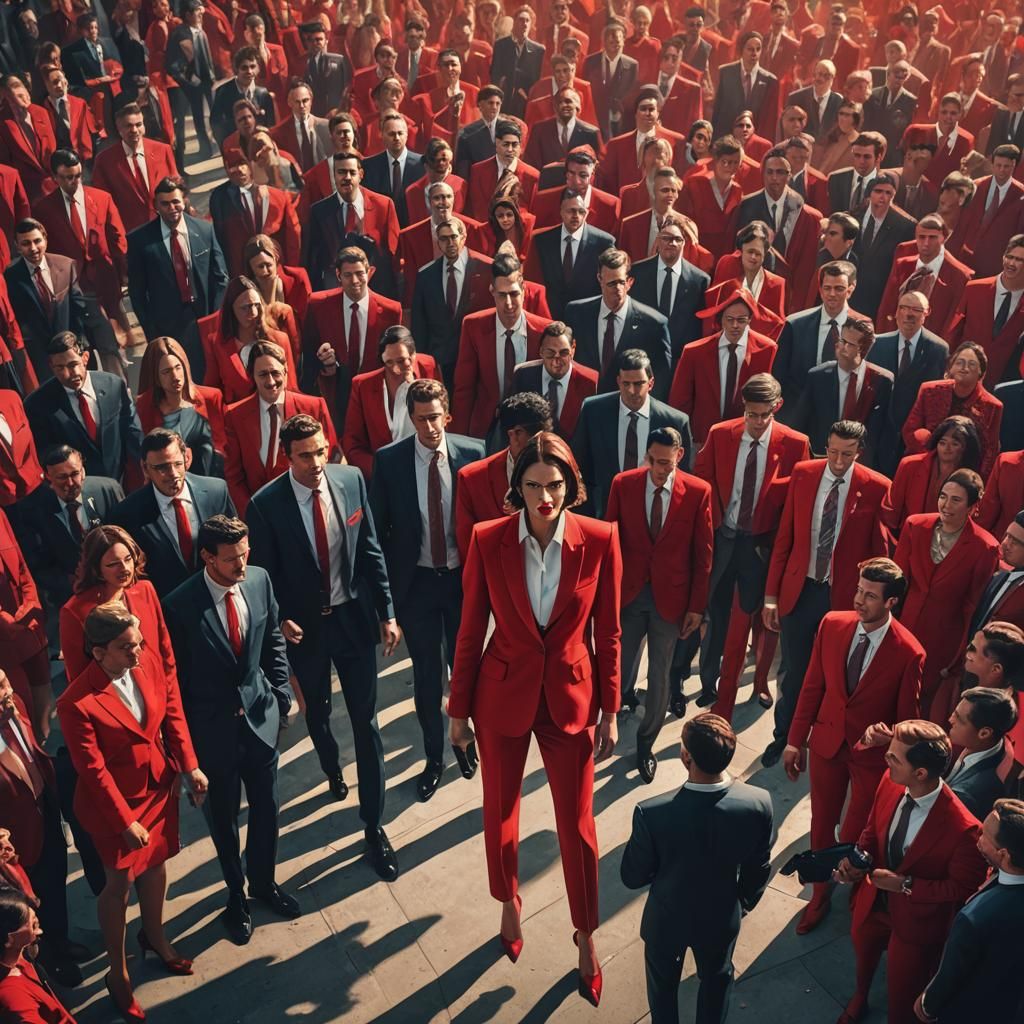 Tall Woman Dominates a Sea of Short Men in a Bright Red Busi...